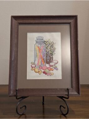 Vintage Framed Matted Candy Jar Cross Stitch Needlepoint Kitchy Colorful 9"x 11"